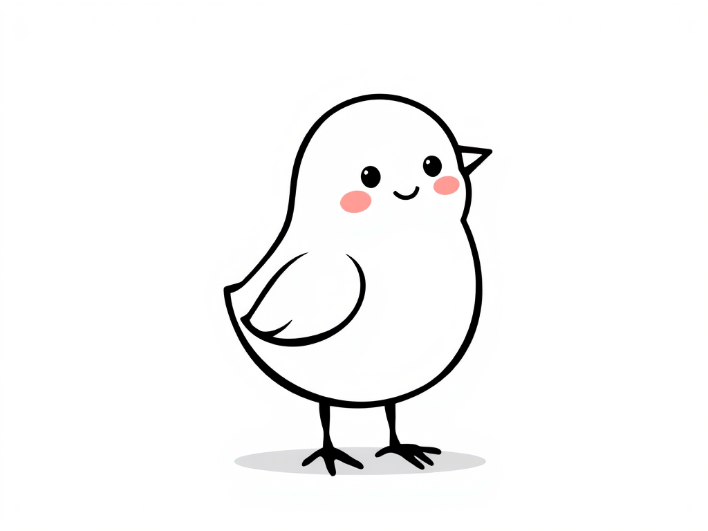 Cute cartoon bird with a round body and small feet, simplistic black outline, cheerful expression, standing on a textured white background.