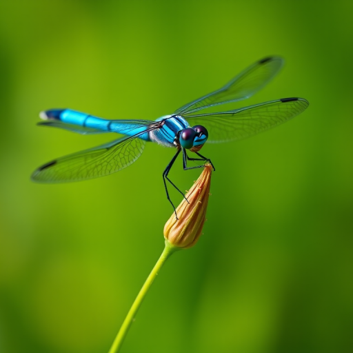 Capture a close-up shot of a shimmering blue dragonfly perched on a delicate flower stem, with a soft-focus green background, using a Canon EOS 5D Mark IV, 100mm f/2.8 macro lens, aperture f/4.0, shutter speed 1/500s, ISO 200, in natural light.