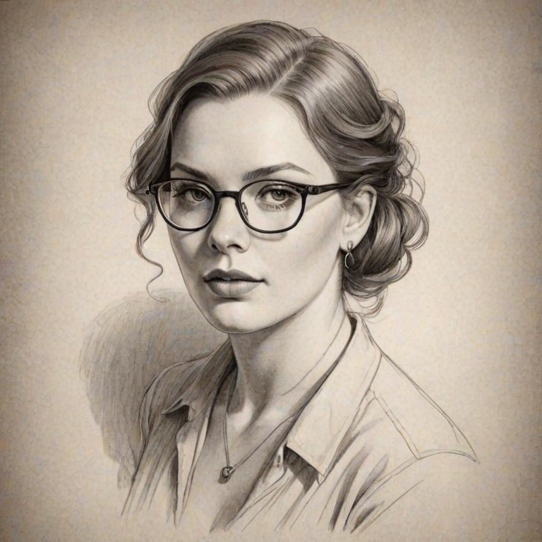 Wonderful Cassandra Clare, pencil sketch, portrait of Exquisite woman 1932s in glasses, hair style beatnik, outline, clear lines, fine lines, 8k