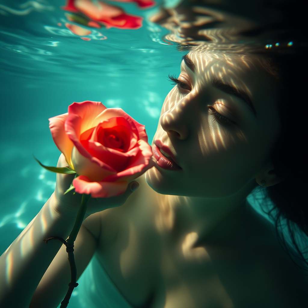 A woman underwater, gazing at a rose Her face is reflected in the water's surface The scene is illuminated by sunlight filtering through the water The atmosphere is serene and contemplative