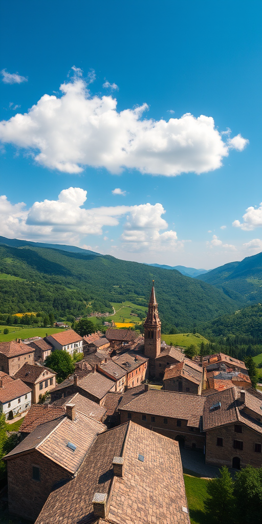 aerial view of a picturesque village with stone rooftops surrounded by lush green hills, under a clear blue sky with scattered clouds, taken with a DSLR camera at ISO 100, aperture f/8, shutter speed 1/250 sec, using a wide-angle lens for enhanced depth and detail