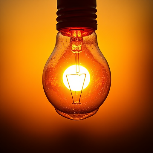 Create an image of a light bulb with the sun setting inside it, shot with a Canon EOS R5, aperture f/1.8, ISO 100, 50mm lens, in golden hour lighting, shallow depth of field, and vibrant colors for an artistic effect.
