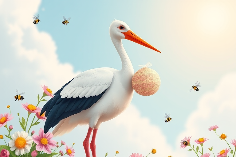 Create a whimsical illustration of a stork holding a bundle, surrounded by pastel flowers and bees, set against a soft blue cloud and a bright sunny background, captured with a Canon EOS 5D Mark IV using a 50mm lens at f/2.8, ISO 100, and a shallow depth of field to enhance detail and softness in the colors.