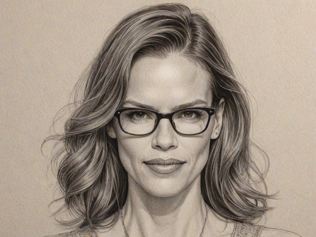 Magnificent Hilary Swank, pencil sketch, portrait of Wonderful woman 1931s in glasses, hair style beatnik, outline, clear lines, fine lines, 8k
