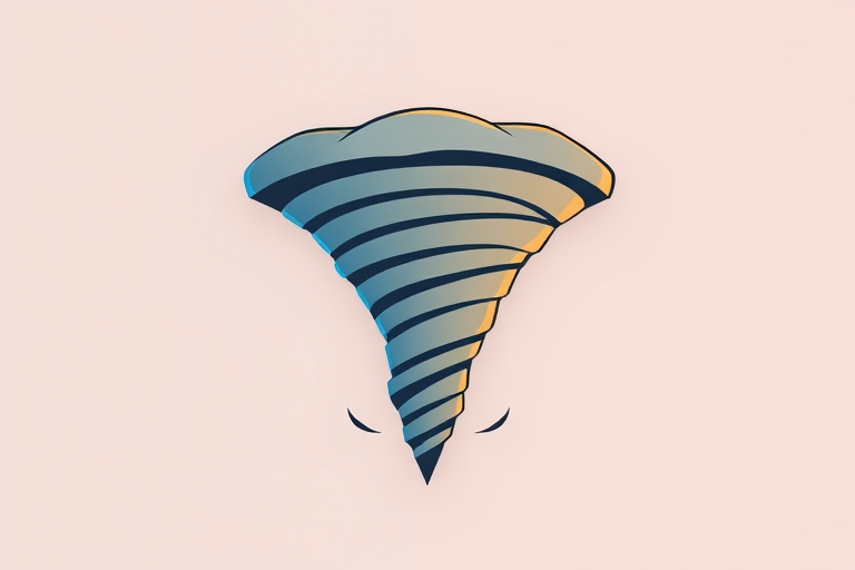 Create a high-resolution vector image of a tornado icon, using a wide-angle lens at f/8, ISO 100, and 1/250s shutter speed, in a flat graphic style with smooth gradients and a clean background.