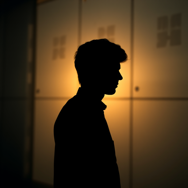 Create a high-quality image of a silhouette of a person with an abstract background using a DSLR camera at 50mm lens, f/2.8 aperture, ISO 100, and a shallow depth of field, captured from a low angle perspective to enhance visual impact.