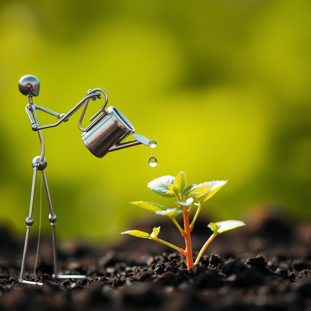 A metal figurine of a person, constructed from thin, silver rods, stands on the left side of the image, facing the viewer. The figurine is holding a small watering can and pouring water onto a young plant, with a few droplets in the air. The plant, with lush green leaves, is situated in the center, growing from dark soil. The background is a soft, out-of-focus blur of green, illuminated by warm, natural light.  The composition creates a sense of depth and intimacy. The image evokes feelings of growth, nurture, and hope.