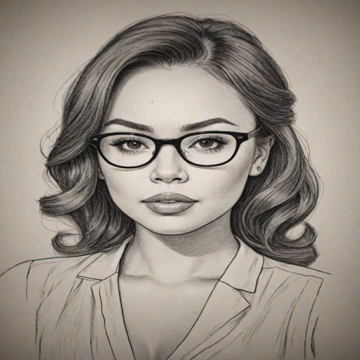Bewitching Janel Parrish, pencil sketch, portrait of Beauteous woman 1947s in glasses, hair style beatnik, outline, clear lines, fine lines, 8k