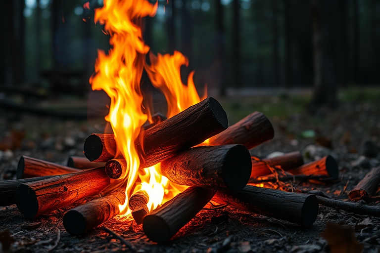 Create a vivid image of a campfire with logs burning brightly in a forest setting, using a DSLR camera with a 50mm lens, aperture set to f/1.8, ISO 100, and a warm color tone for enhanced detail and clarity.