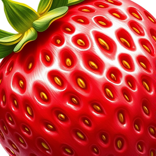 Illustration of a vibrant, ripe strawberry with intricate details, using a macro lens at f/2.8, 1/125 sec exposure, ISO 100, natural light, focused on the texture and highlights of the fruit to enhance realism.