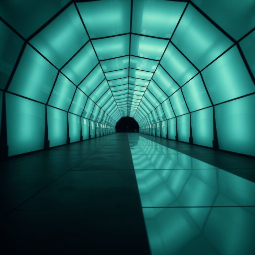 create an abstract geometric tunnel of reflective light panels extending into darkness, taken with a Canon EOS R5 at f/8, ISO 100, 16mm, from a low angle perspective, in wide-angle style for enhanced depth and clarity