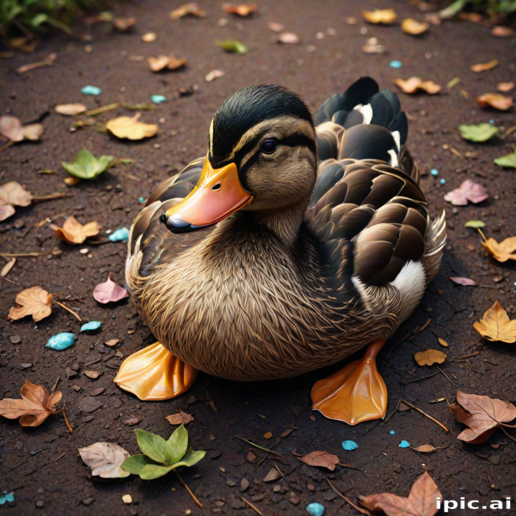 Stunning image of a cute adorable tired looking wacky duck laying flat on the ground, no emotions, moody, grainy, noisy, concept art, by Alberto Seveso, Cyril Rolando, Dan Mumford, Meaningful Visual Art, Detailed Painting, Digital Illustration,
