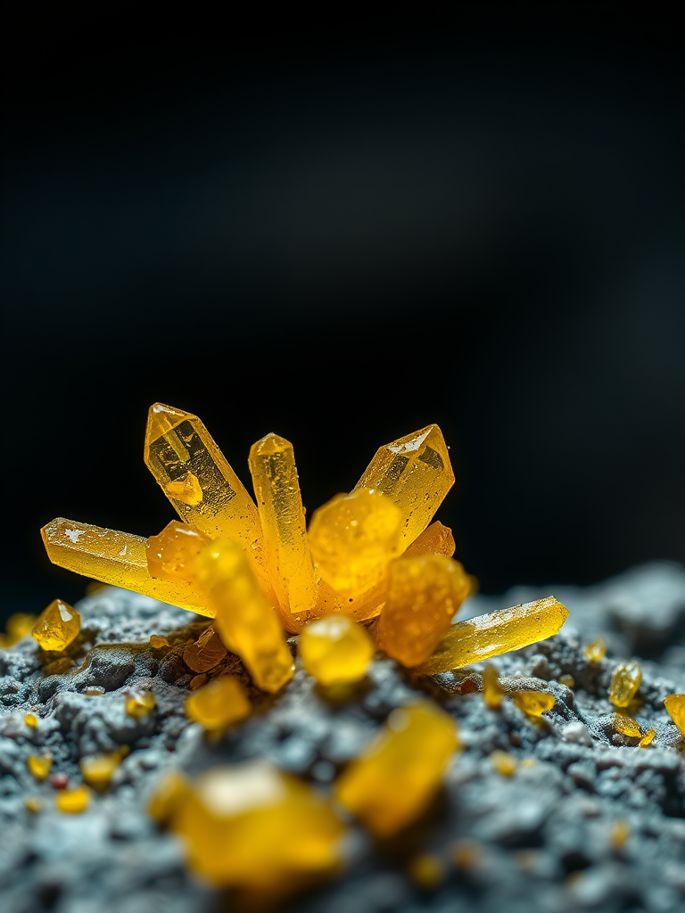 Capture a detailed macro shot of vibrant yellow crystals on a mineral surface, using a Canon EOS R5 with a 100mm macro lens, aperture f/2.8, ISO 100, shutter speed 1/200 sec, soft diffused lighting from above, shallow depth of field to emphasize the sharp details of the crystals against a blurred dark background.