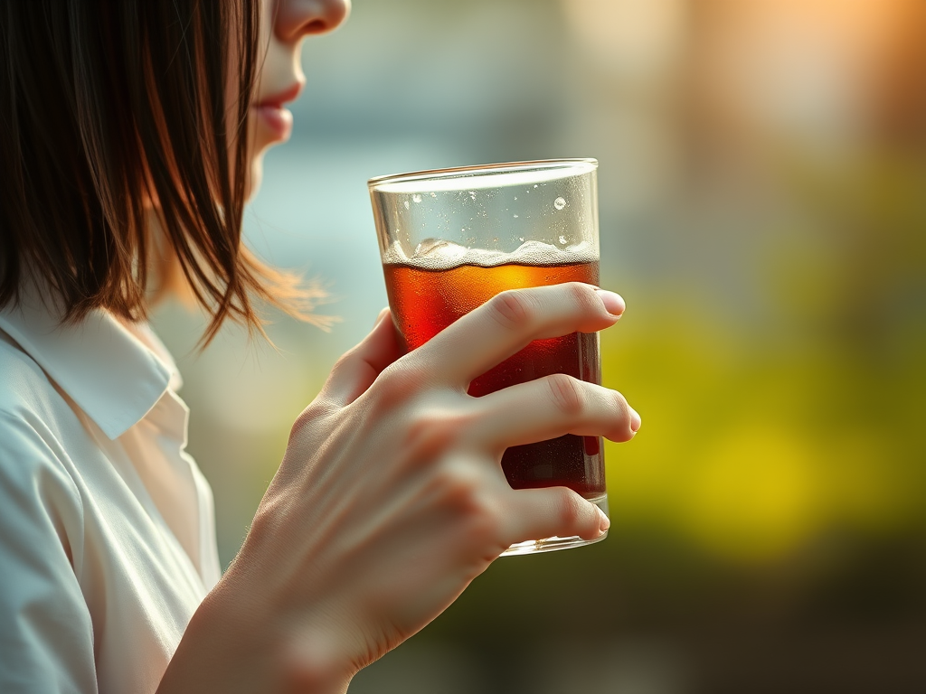 detailed edges, detailed image, perfection style, A detailed and A perfect photo of a side view of a person drinking a glass of soda outdoors, hand focus, cinematic hand, best hand, better hand, awesome hand, different hand, 1girl, solo, shirt, black hair, holding, white shirt, upper body, blurry, cup, depth of field, blurry background, holding cup, close-up, lens flare, drinking glass, realistic, drink, drinking, bokeh, perfection, different color, perfect color, realistic, realism, detailed background, perfect background, different background, alcohol, perfect style, perfection style, detailed style, short hair, male focus, from side, fingernails, head out of frame