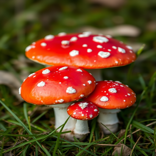 Capture a close-up shot of vibrant red mushrooms with white spots on a grassy background, using a DSLR camera at f/2.8 aperture, ISO 200, 1/60 shutter speed, in natural light with a shallow depth of field for a soft background blur.