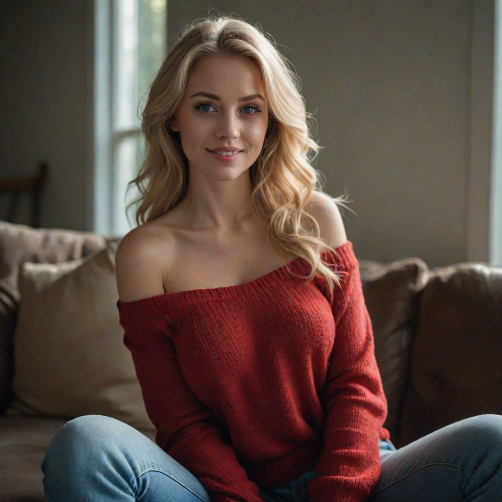 realistic photography, beautiful blonde woman, milf, smirk, large breasts, blue eyes, off shoulder red sweater, light blue denim jeans, cinematic lighting, perfect shading, dynamic angle, amazing composition, detailed, 35mm photograph