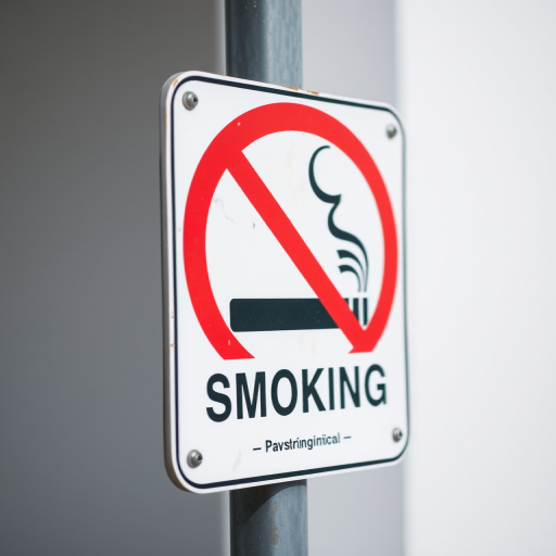 Generate a high-resolution image of a "No Smoking" sign featuring a cigarette with smoke, captured with a DSLR camera at f/2.8 aperture, ISO 100, 1/200 sec shutter speed, in a close-up view with natural lighting and a clean, minimalist background.