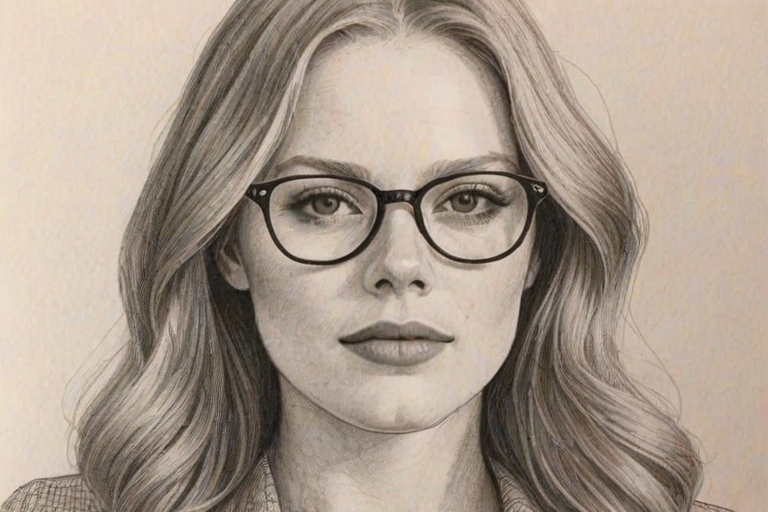 Radiant Freya Ridings, pencil sketch, portrait of Lovely woman 1974s in glasses, hair style beatnik, outline, clear lines, fine lines, 8k
