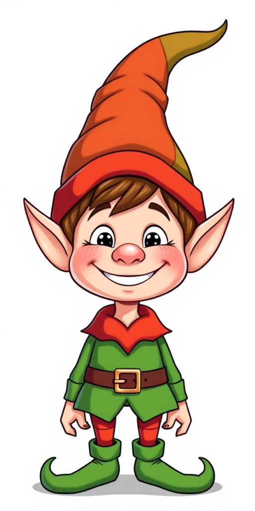 Create a detailed illustration of a cheerful cartoon elf with a pointed hat and a big smile, shot in high resolution with a Canon EOS R5 at f/1.8, ISO 100, 1/125 sec, front view, in a clean and vibrant style.