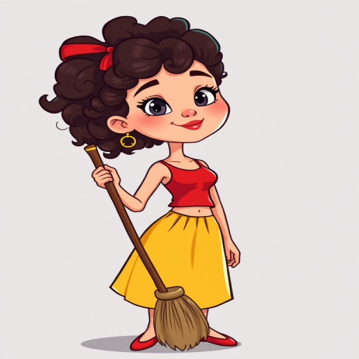 generate a cartoon character of a woman with curly hair wearing a red top and yellow skirt holding a broom, focused on vibrant colors and clear lines, set against a simple background, using a digital illustration style with 300 DPI resolution and a 16:9 aspect ratio, captured with a Canon EOS R5 with a 50mm f/1.2 lens at f/2.8 for sharp details and soft background blur