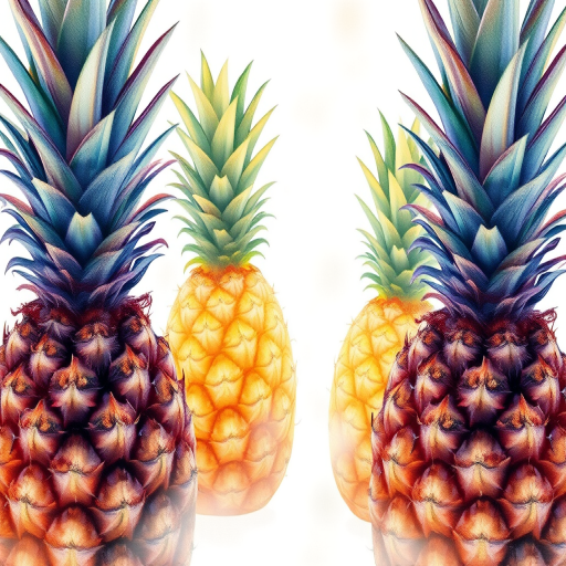 Create a high-resolution watercolor illustration of pineapples with a soft, dreamy background, using a DSLR camera with a 50mm lens, aperture f/2.8, ISO 100, and soft focus to enhance the image quality.