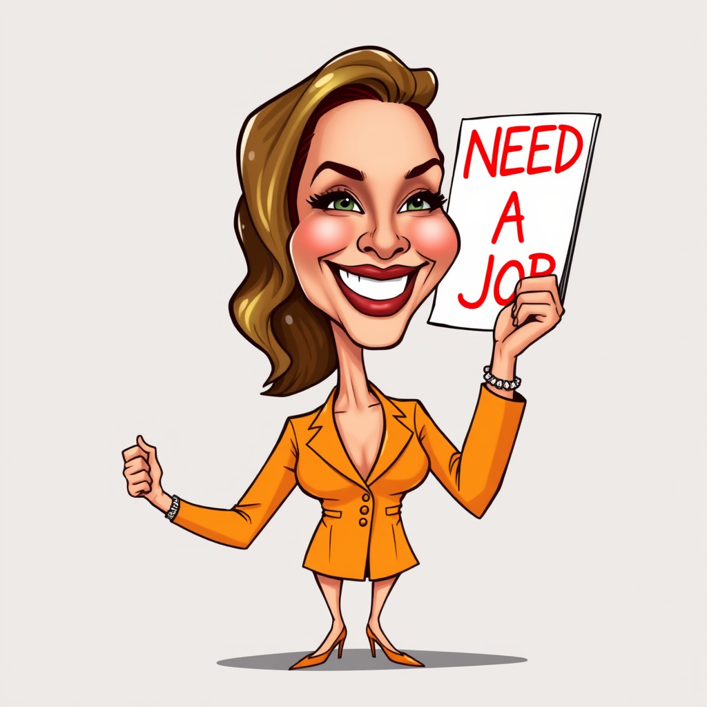 caricature of a smiling Jennifer Lopez in a Ochre dress or suit, holding up a sign that says "NEED A JOB", no watermark,