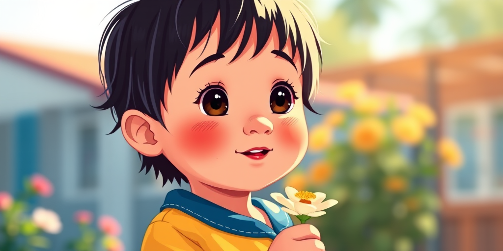 Create a vibrant illustration of a child with black hair and rosy cheeks wearing a yellow shirt and blue collar, holding a flower, captured in a bright outdoor setting, with a shallow depth of field, using a DSLR camera at f/2.8, ISO 100, and a focal length of 50mm to enhance colors and details.