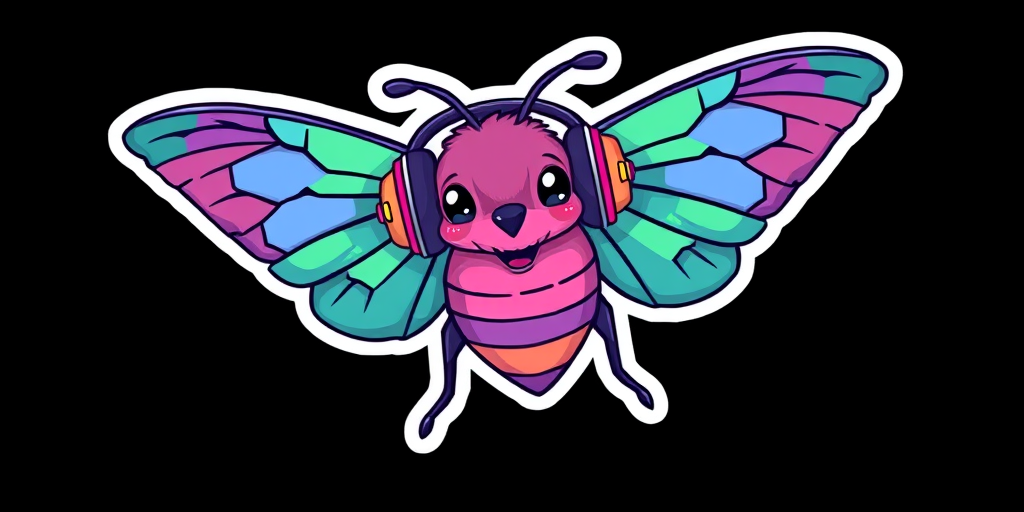 this image is sticker, Happy Colorful Moth wearing Headphones, kawaii, contour, vector, black background