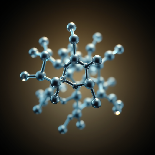 molecular structure of a complex organic compound, high-resolution, macro lens, f/8, ISO 100, natural lighting, 50mm lens, studio background, 3D rendering