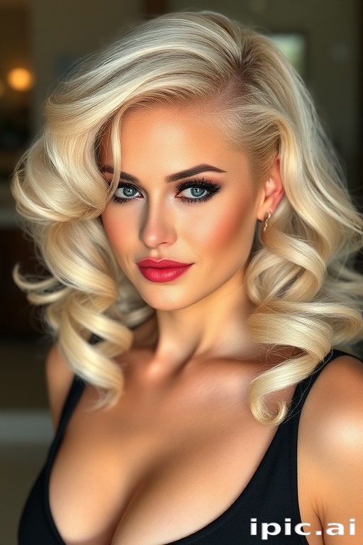 Platinum blonde bombshell flaunting a glamorous Hollywood-inspired hairstyle with voluminous curls, side-swept bangs, and a deep side part for added drama