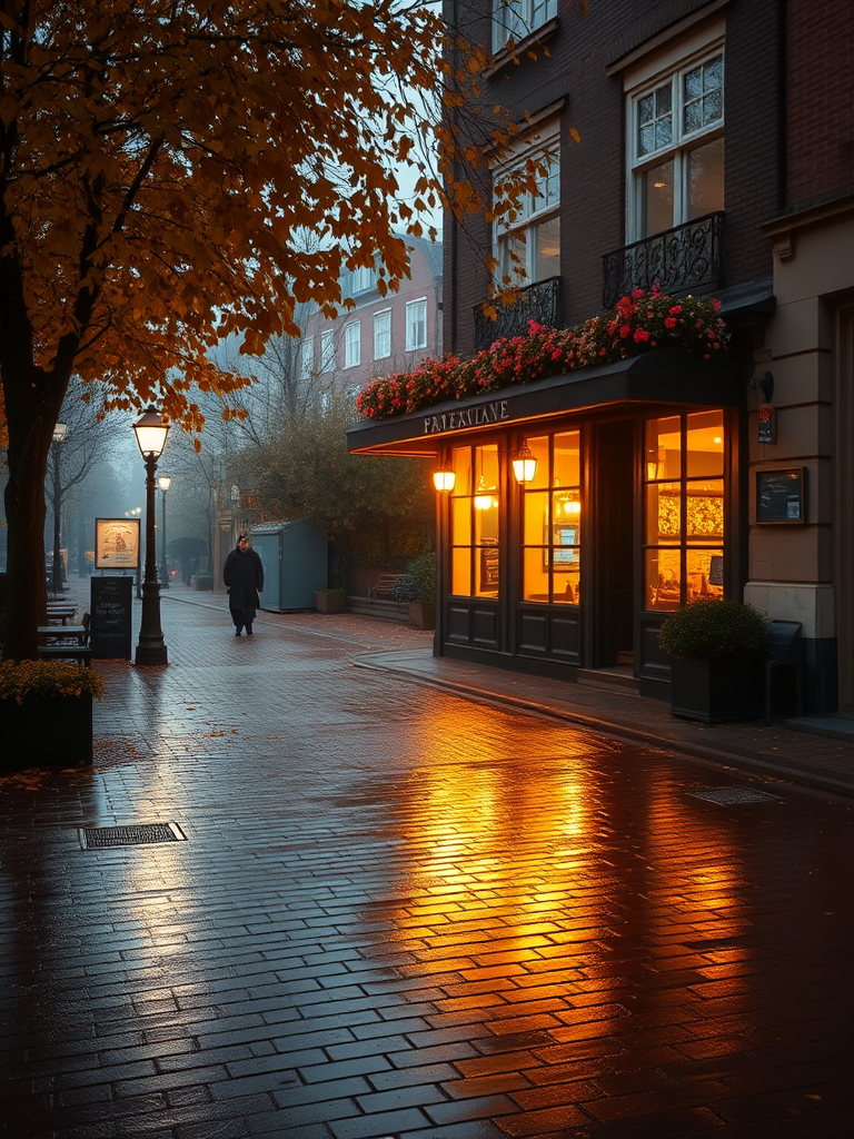 A cozy street scene in the evening with a quaint cafe featuring large windows glowing with warm lights surrounded by autumn leaves and brick pavement reflecting a gentle rain with a hint of fog in the air.