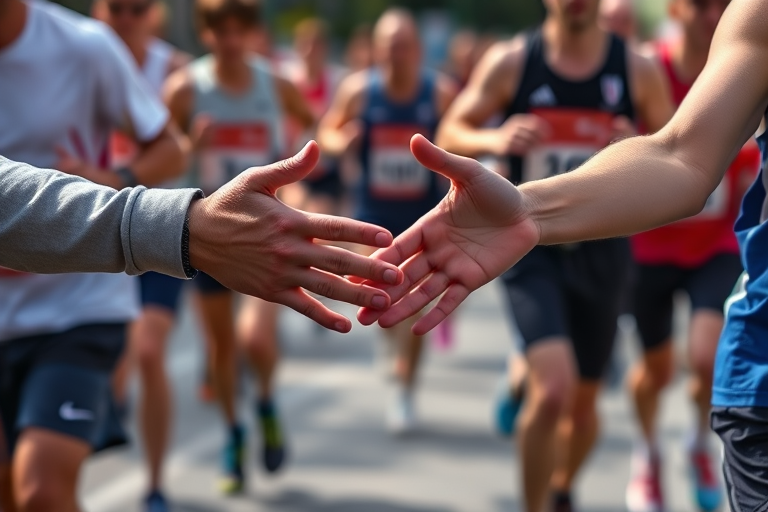 Close-up shot of hands reaching out to each other in a dynamic marathon scene, 50mm lens, f/2.8 aperture, ISO 400, shutter speed 1/250 sec, natural lighting, DSLR camera, shallow depth of field to emphasize interaction.