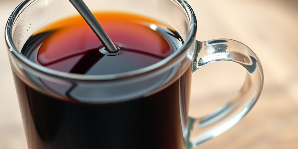 create a high-resolution image of a clear glass mug filled with dark tea and a silver spoon inside, capturing a close-up view with soft natural lighting, f-stop at 2.8, shutter speed at 1/60s, ISO 100, using a DSLR camera with macro lens for enhanced detail and clarity
