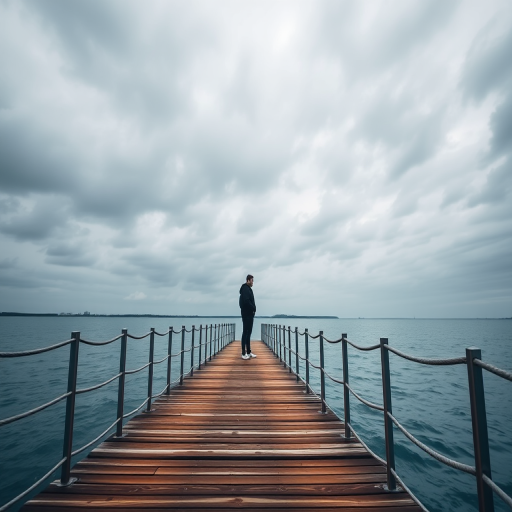 Capture an image of a person standing on a pier with a cloudy sky, using a DSLR camera set to f/2.8 aperture, ISO 200, 50mm lens, natural light, and a slight tilt to emphasize perspective.