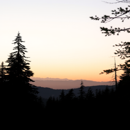 Create a serene landscape of a forest at dawn, featuring silhouetted trees and distant mountains, captured with a DSLR camera, ISO 100, aperture f/8, 24mm wide-angle lens, focus on foreground details, soft lighting for a tranquil atmosphere.