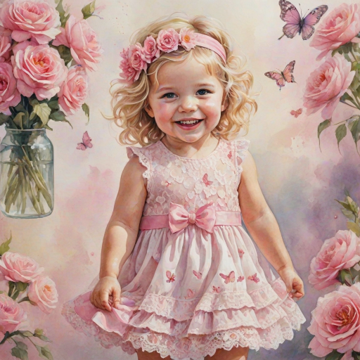 hyperrealism happy smiling toddler girl with messy wavy blonde hair with a headband, she is wearing a pink and white lace dress with pink and white shoes, she is holding a pink bouquet of flowers. Pink flowers and butterflies. summer background. Watercolor Highly detailed