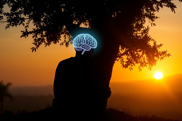 silhouette of a person sitting under a tree with a glowing brain, sunset on the horizon with rays of light, smooth gradient background, ultra HD, 35mm lens, f/2.8 aperture, 1/100 shutter speed, soft focus style, digital art