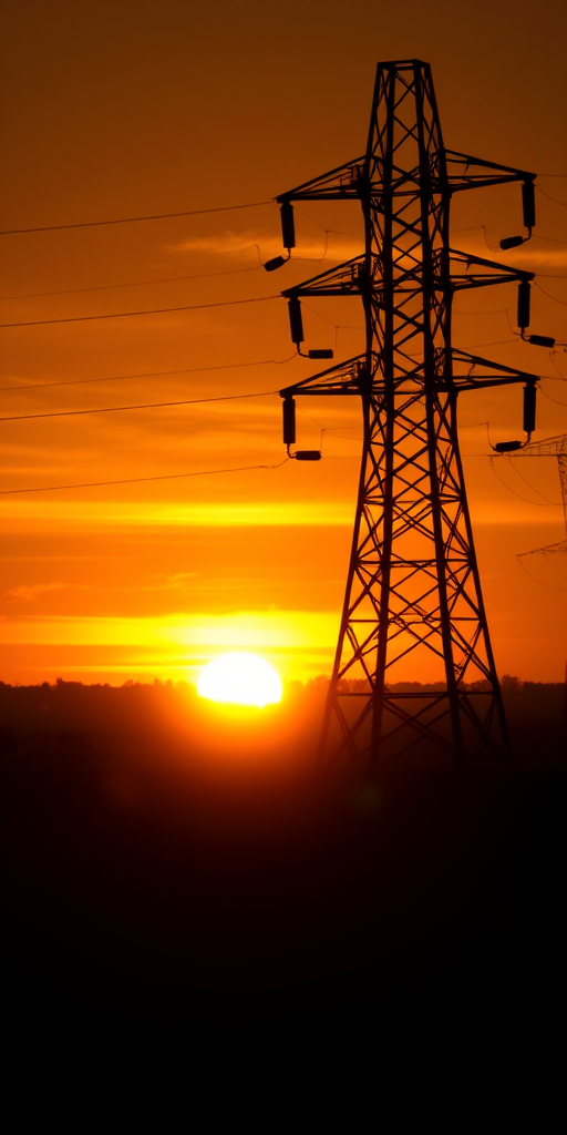 Capture a sunset with a silhouette of a power tower, low angle view, exposure at f/8, ISO 100, shutter speed 1/200s, using a DSLR camera with a prime lens for sharp details and vibrant colors.