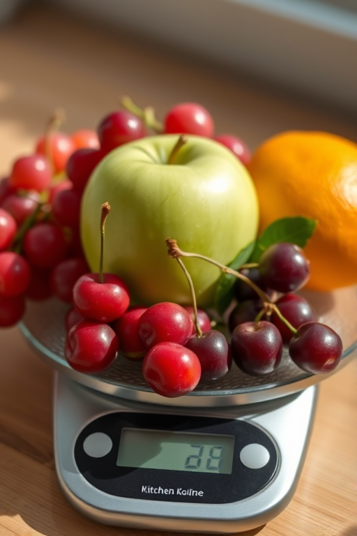 Create a bright, high-resolution image of a colorful assortment of fruits including a green apple, cherries, grapes, and an orange on a digital kitchen scale, captured in natural light using a DSLR camera with a 50mm lens, aperture set at f/2.8, ISO 100, and a shallow depth of field for enhanced focus on the fruits.