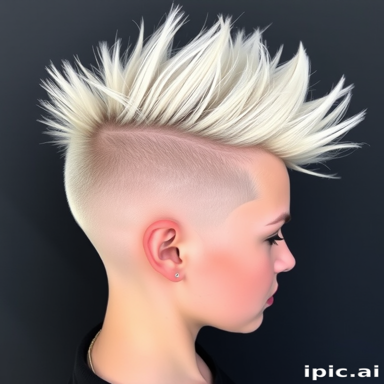 Edgy platinum blonde undercut with intricate geometric patterns shaved into the sides, long top styled in a messy quiff for a bold and daring look
