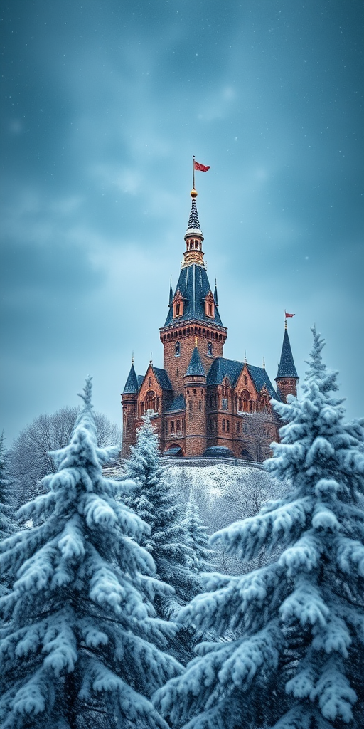 capture an enchanting winter castle scene with soft snowfall, snow-covered trees in the foreground, and a dramatic sky, using a DSLR camera with a 50mm lens, f/1.8 aperture, ISO 100, and a shutter speed of 1/200s, in landscape orientation for a high-resolution image.