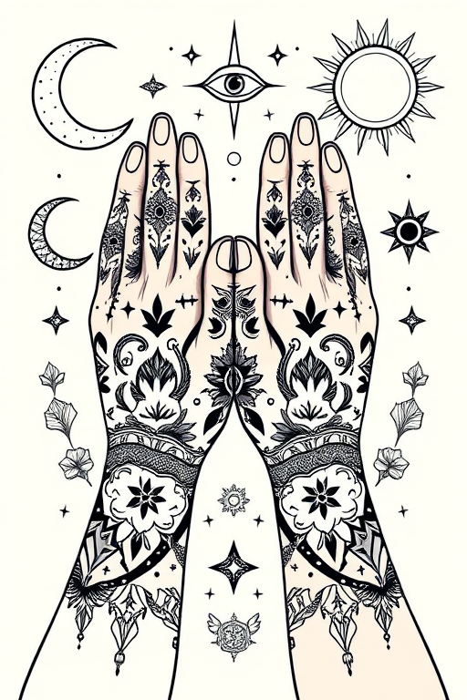 Create an illustration of two stylized hands with intricate tattoo designs, surrounded by celestial elements like a crescent moon, an eye symbol, and a sun, using a high-resolution digital art style; camera settings: f/4.0, ISO 100; camera view: top-down; camera type: mirrorless.
