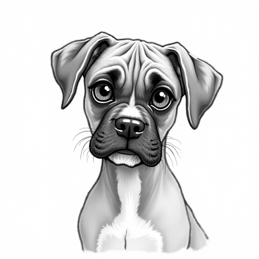 A doodle style pencil sketch illustration of a beautiful young Boxer dog, with large eyes and exaggerated facial features. White background