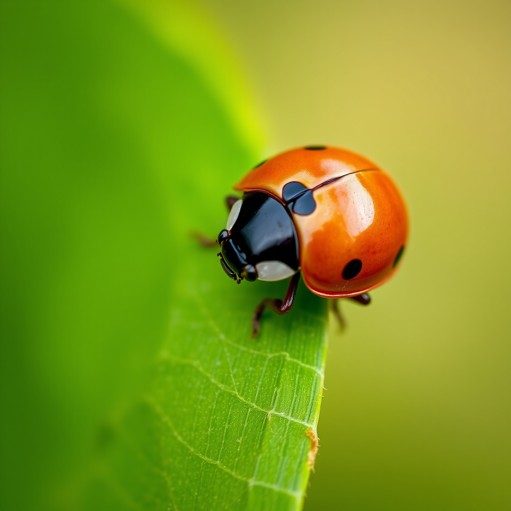 Capture a close-up of a ladybug on a green leaf with a shallow depth of field, using a DSLR camera, 100mm macro lens, aperture f/2.8, ISO 100, shutter speed 1/200s, natural light for enhanced detail and vibrant colors.