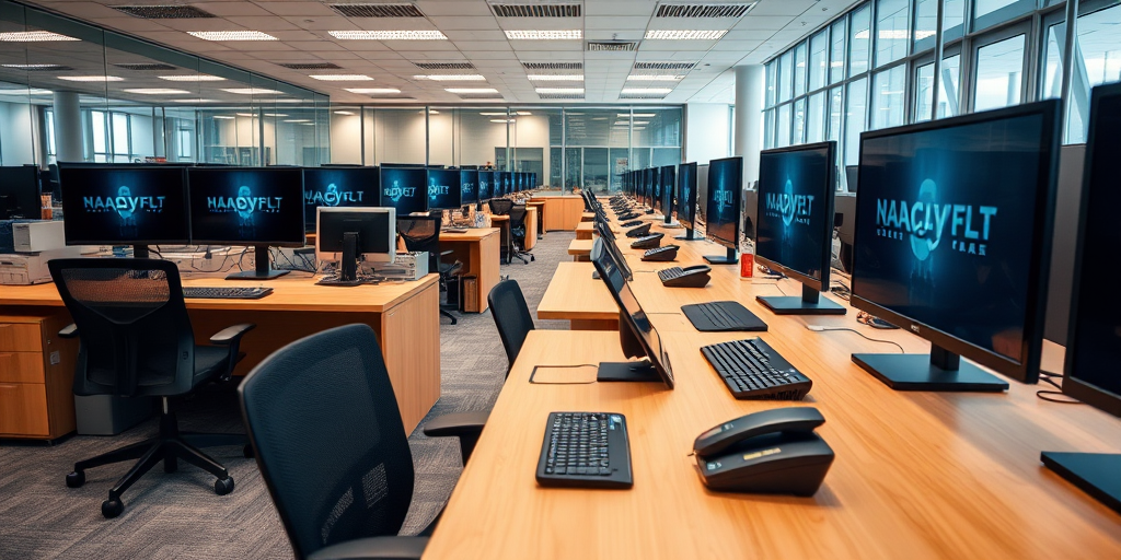 A modern office workspace with multiple computer desks featuring large monitors, ergonomic chairs, and telephones, captured with a DSLR camera at f/8 aperture, ISO 200, 24mm lens, in a medium-wide angle view to enhance clarity and detail.