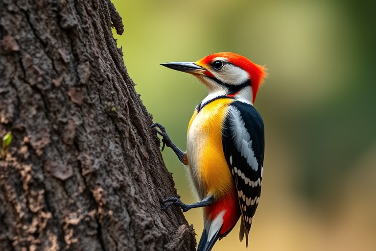 Capture a sharp image of a vibrant woodpecker perched on a tree trunk with distinct details, using a Canon EOS 90D, 200mm lens, aperture f/4, shutter speed 1/500s, ISO 400, natural lighting, and a slight angle to enhance depth and interest in the composition.