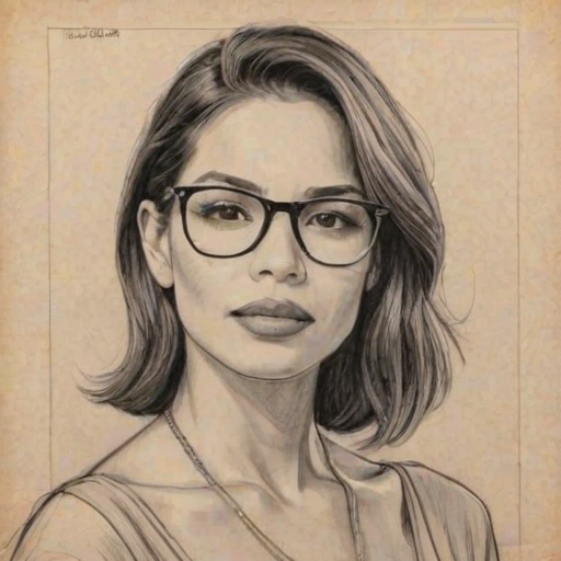 Graceful Nadine Velazquez, pencil sketch, portrait of Superb woman 1926s in glasses, hair style beatnik, outline, clear lines, fine lines, 8k