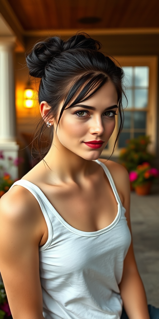 A photo of Kristen Stewart with a background of a cozy porch. She has dark hair pulled back in an updo, with tendrils framing her face. She wears a white tank top and sits on the porch. The porch is part of a well-lit home with a warm, earthy tone and colorful flowers and foliage. The overall scene has a warm, welcoming, and comfortable ambiance.