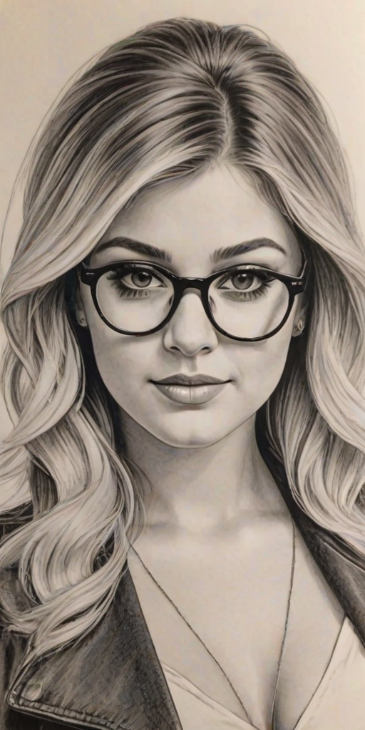 Gorgeous Lauren Alaina, pencil sketch, portrait of Beauteous woman 1921s in glasses, hair style beatnik, outline, clear lines, fine lines, 8k