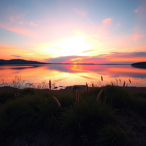 Create a high-resolution image of a serene landscape at sunset with vibrant hues reflecting off a calm lake, using a DSLR camera at f/8 aperture, ISO 100, 1/125 sec shutter speed, 24mm focal length, wide-angle view, and natural lighting to enhance details and colors.